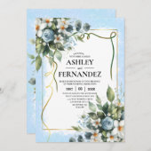 Blau und Gold Elegante Blumen Rustikale Wasserfarb Einladung (Vorne/Hinten)