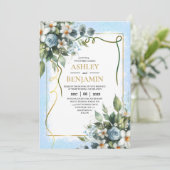 Blau und Gold Elegante Blumen Rustikale Wasserfarb Einladung (Stehend Vorderseite)