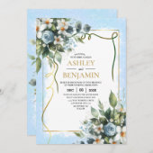 Blau und Gold Elegante Blumen Rustikale Wasserfarb Einladung (Vorne/Hinten)