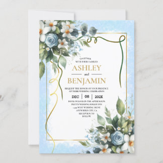 Blau und Gold Elegante Blumen Rustikale Wasserfarb Einladung