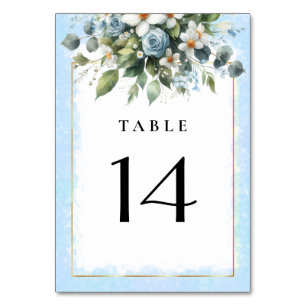 Blau und Gold Elegante Blumen Rustikale Wasserfarb Tischnummer