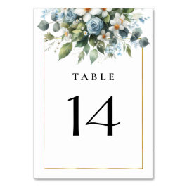 Blau und Gold Elegante Blumen Rustikale Wasserfarb Tischnummer