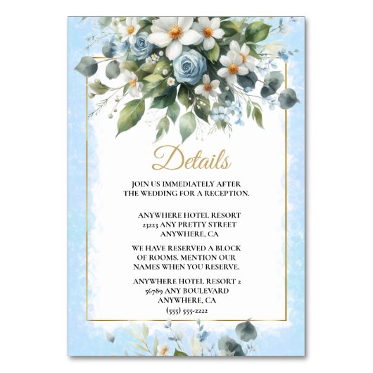 Blau und Gold Elegante Flora Rustikales Wasserfarb Tischnummer (Vorderseite)