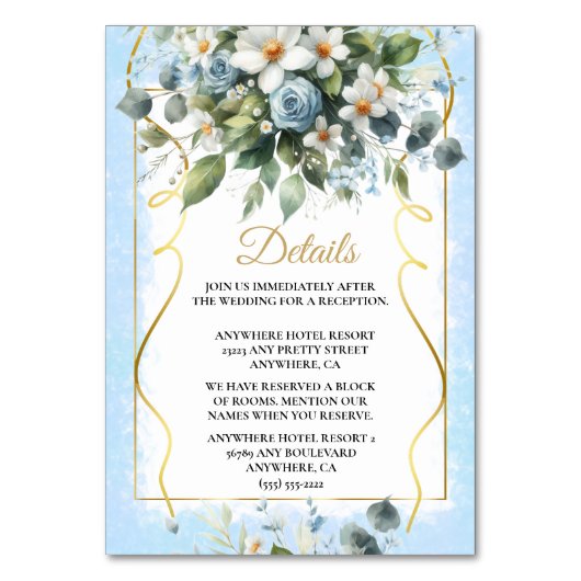 Blau und Gold Elegante Flora Rustikales Wasserfarb Tischnummer (Vorderseite)