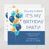Blau und Gold. Eleganter Geburtstag Einladung (Vorne/Hinten)