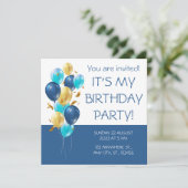 Blau und Gold. Eleganter Geburtstag Einladung (Stehend Vorderseite)