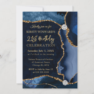 Blau und Gold Faux Glitter Achat Geburtstag Einladung