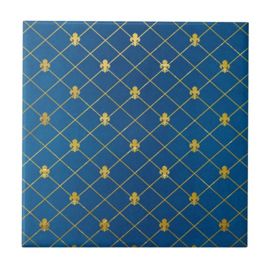 Blau und Gold. Fleur De Lis. Fliese (Vorderseite)