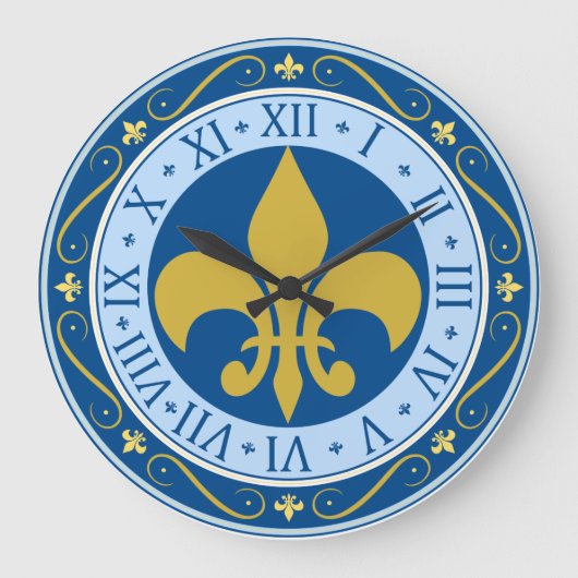 Blau und Gold Fleur-de-Lis Große Wanduhr (Vorderseite)