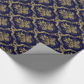 Blau und Gold florale Damaskus Spitzenmuster Geschenkpapier (Ecke)