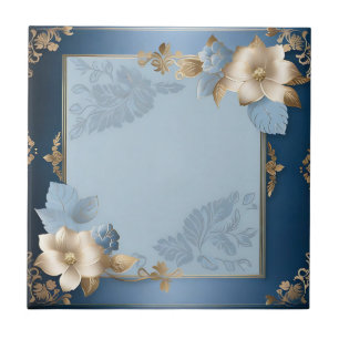 Blau und Gold florale Metalle Fliese