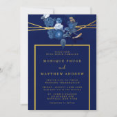 Blau und Gold Geometric Floral Wedding Einladung (Vorderseite)