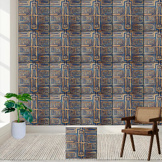 Blau und Gold geometrische antike griechische Schl Fliese