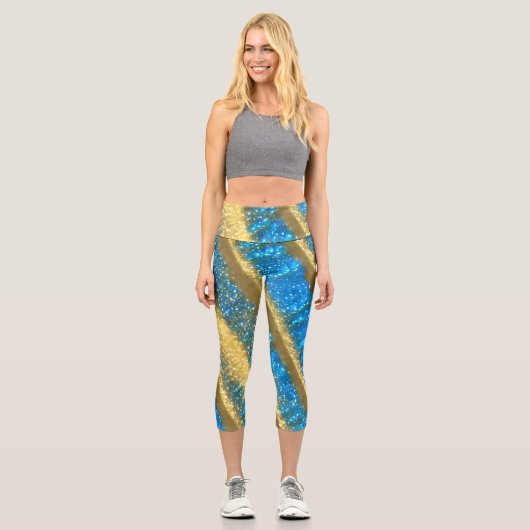 Blau- und Gold-Glitzer-Muster Capri Leggings (Vorderseite)