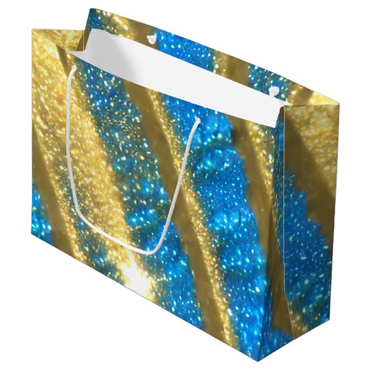 Blau- und Gold-Glitzer-Muster Große Geschenktüte (Vorderseite Schrägansicht)
