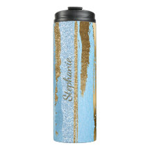 Blau und Gold Glitzer Streifen Thermal Tumbler