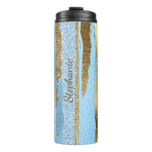 Blau und Gold Glitzer Streifen Thermal Tumbler Thermosbecher