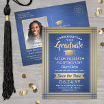 Blau- und Gold-Graduate-Foto Save the Date Ankündigungspostkarte<br><div class="desc">Teilen Sie die freudige Neuigkeit einer bevorstehenden Abschlussfeier sowie eines der beliebtesten Fotos mit diesen modernen, blau, gold und weiß Save the Date eingeladenen Postkarten. Der gesamte Text ist einfach anzupassen. (IMAGE PLACEMENT TIP: Eine einfache Möglichkeit, ein Foto genau so zu zentrieren, wie Sie es gewollt haben, ist es, es...</div>