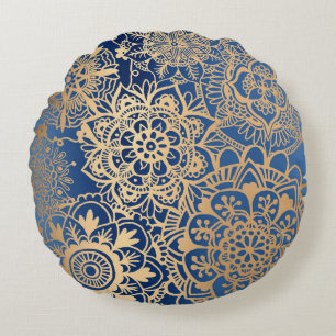 Blau und Gold Mandala Muster Rundkissen Rundes Kissen