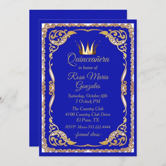 Blau und Gold mit Crown Quinceanera Einladung (Vorne/Hinten)