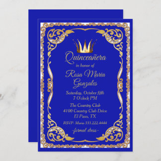 Blau und Gold mit Crown Quinceanera Einladung