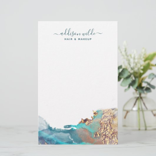 Blau und Gold Moderne Kunst Flüssige Aquarellfarbe Briefpapier (Stehend Vorderseite)