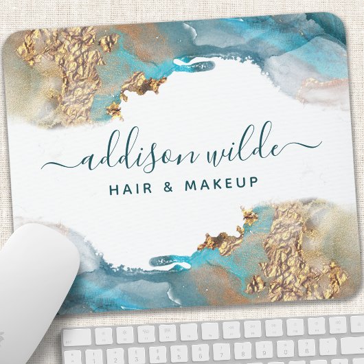 Blau und Gold Moderne Kunst Flüssige Aquarellfarbe Mousepad