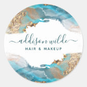 Blau und Gold Moderne Kunst Flüssige Aquarellfarbe Runder Aufkleber (Vorderseite)