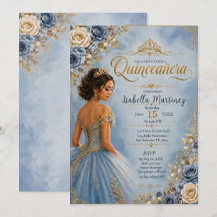 Blau und Gold Quinceañera Einladung