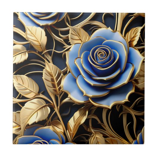 Blau und Gold Rose Jugendstil Fliese (Vorderseite)