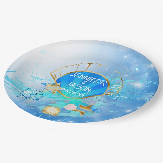 Blau und Gold unter dem Meeresthema Papier Plakat Pappteller (Schrägansicht)