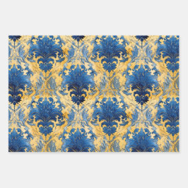 BLAU- UND GOLDDAMASK-DEKORATIVPAPIER GESCHENKPAPIER SET
