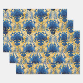 BLAU- UND GOLDDAMASK-DEKORATIVPAPIER GESCHENKPAPIER SET
