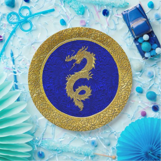 Blau- und Golddrachenmuster Pappteller (Party)