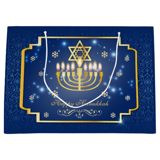 Blau und golden dekorativ Hanukkah Große Geschenktüte (Vorderseite)