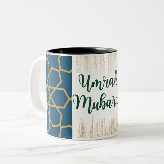 Blau und golden und grüner Umrah Mubarak Zweifarbige Tasse (Vorderseite Links)