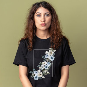 Blau und grau Blühende Blume Vintage Wasserfarbe T-Shirt