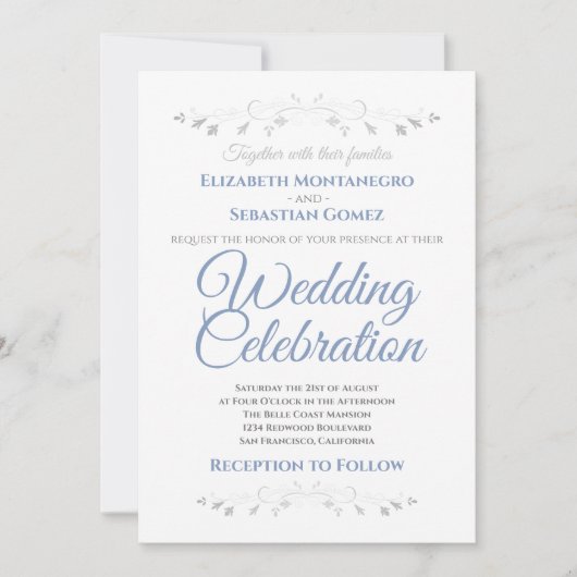 Blau und Grau Einfach Elegantes Hochzeitsempfang Einladung (Vorderseite)