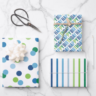 Blau und Grün Jungen Geburtstag Geschenkpapier Set