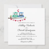 Blau und Grün | Niedliche Hochzeit von Eule Einladung (Rückseite)