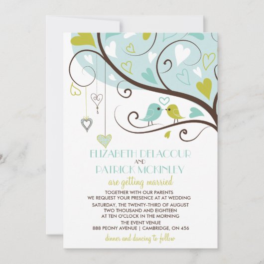 Blau und Grün | Niedliche Lovebirds Hochzeitseinla Einladung (Vorderseite)