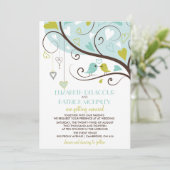 Blau und Grün | Niedliche Lovebirds Hochzeitseinla Einladung (Stehend Vorderseite)