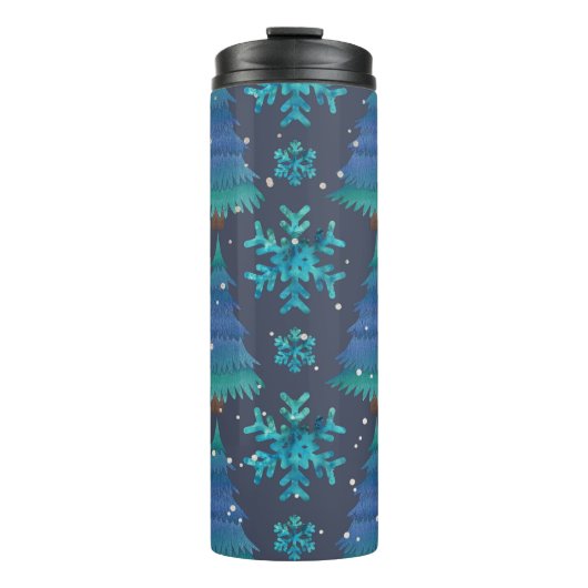 BLAU UND GRÜNE WINTERBÄUME & WINTERSCHNEE THERMOSBECHER (Vorderseite)