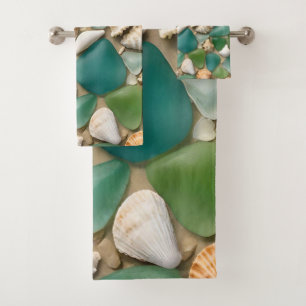 Blau- und Grünmeerglas und Seashell Badhandtuch Set