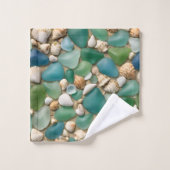 Blau- und Grünmeerglas und Seashell Badhandtuch Set (Waschlappen)