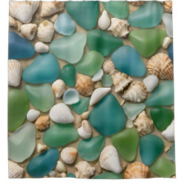 Blau- und Grünmeerglas und Seashell Duschvorhang