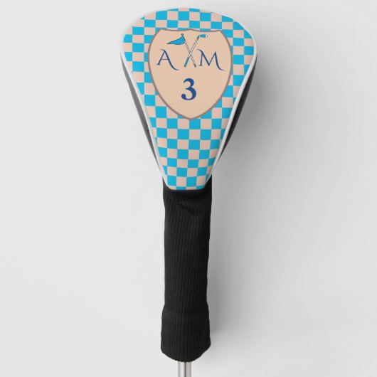 Blau- und hellbeige Karo mit Initialen, Anzahl Golf Headcover (Vorderseite)
