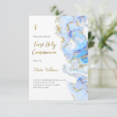 Blau und IMITAT Glitzer | Erste Heilige Kommune Einladung (Stehend Vorderseite)