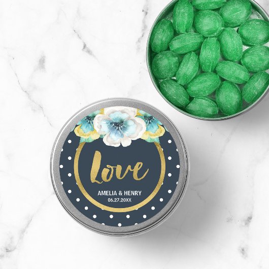 Blau und Imitate Gold, Aquarell Blumenzwiebeln Lie Runder Aufkleber