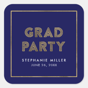 Blau und Imitate Gold Geometric Grad Party Quadratischer Aufkleber